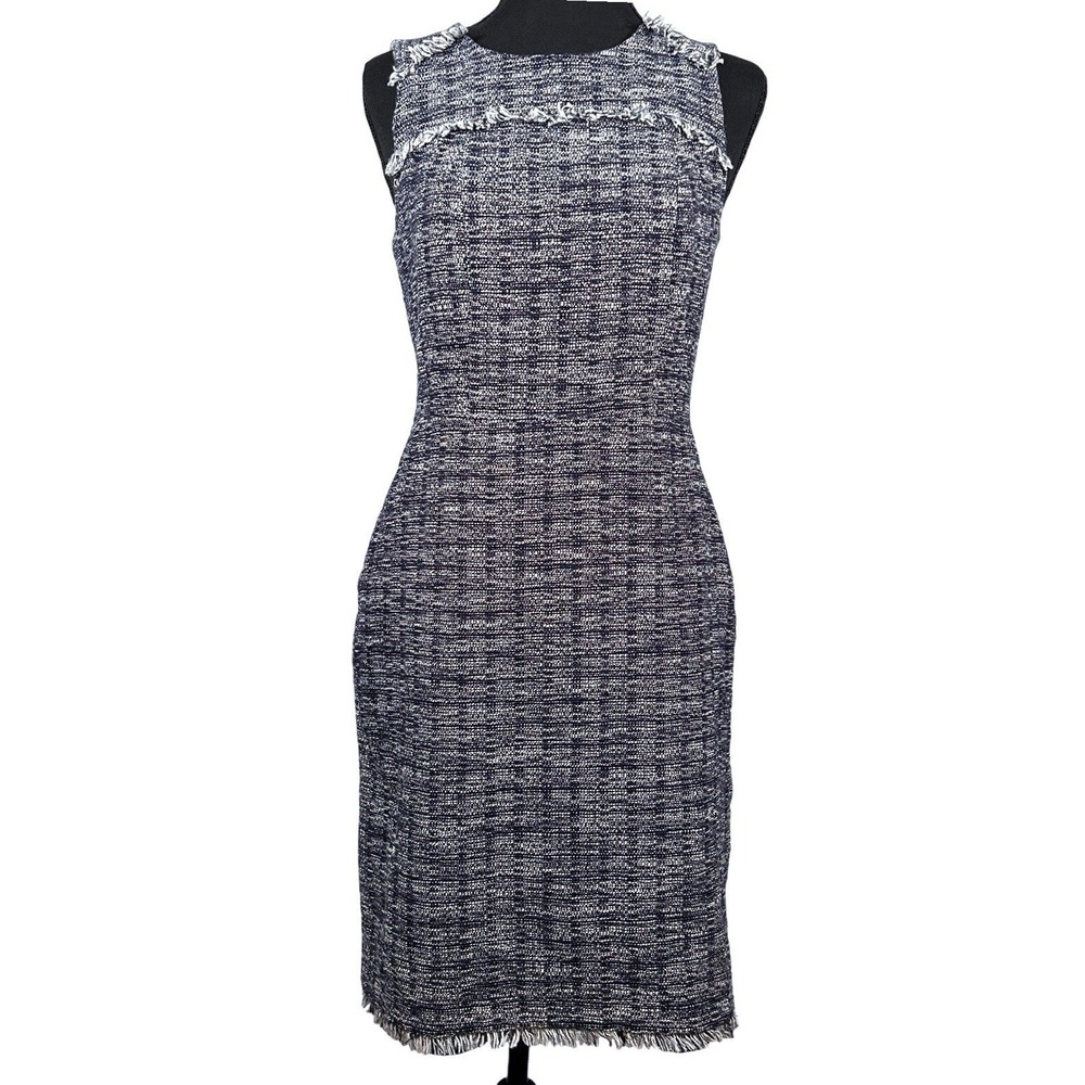 J.Crew Tweed Sheath Dress Womens 2 Cotton Blend Navy White Fringe Officeβ Preppy